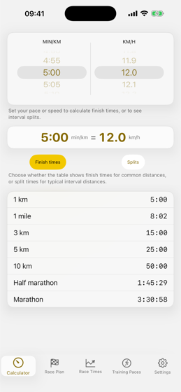 The RunPace calculator: min/km and km/h wheels side by side, with finish times for seven distances below.