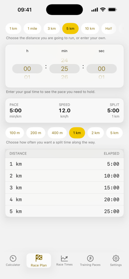 Race plan in RunPace: distance and goal time at the top, split table below.