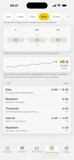 Training paces in RunPace: zones for easy, marathon, threshold, interval and repetition.