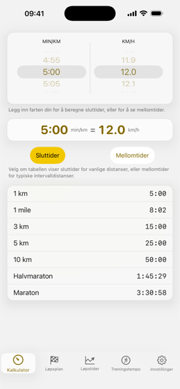 Kalkulatoren i RunPace: hjul for min/km og km/t side om side, med sluttider for sju distanser under.