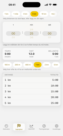 Løpsplan i RunPace: distanse og måltid øverst, mellomtidstabell under.