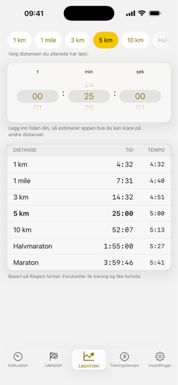 Løpstider i RunPace: ett resultat inn, estimerte tider på de andre distansene ut.